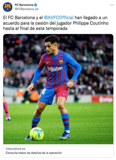 Barcelona anunció el préstamo de Philippe Coutinho a Aston Villa.