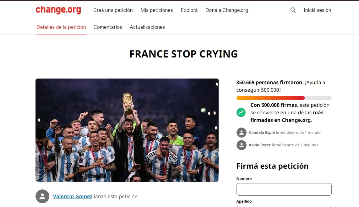 Tras los reclamos de los franceses, argentinos juntaron más de 250 mil firmas para que “dejen de llorar”.