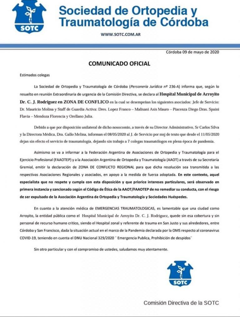 Comunicado Oficial Situacion Traumatología Arroyito