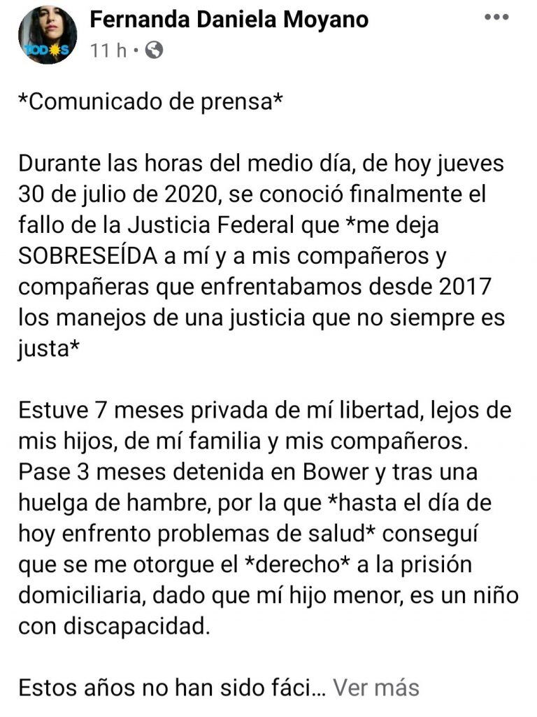 Comunicado publicado por Fernanda Moyano este jueves 30 de julio, tras el fallo judicial.