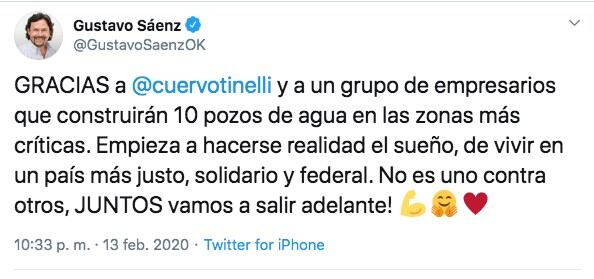 Twitt de Gustavo Sáenz anunciando la participación de Marcelo Tinelli.