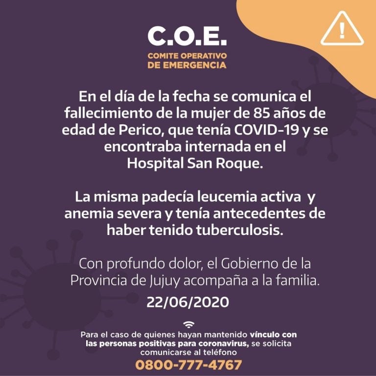 Informe de última hora dando cuenta el segundo fallecimiento provocado por el Covid-19 en Jujuy.