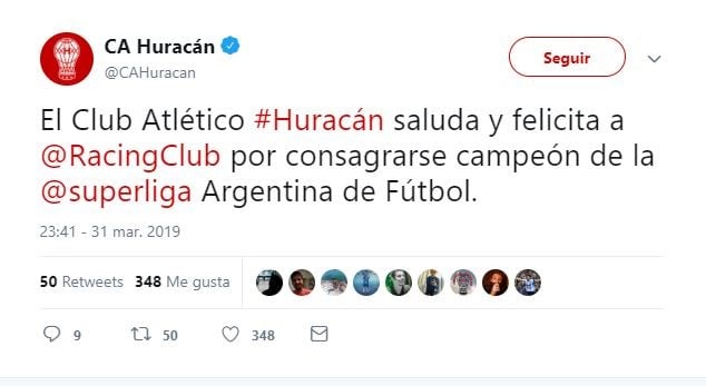 El saludo de Huracán (Foto: Twitter)