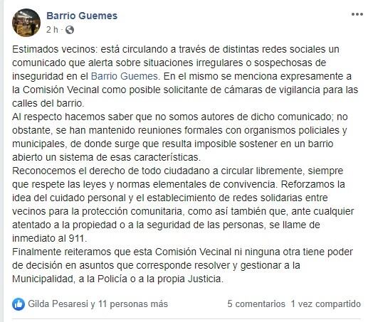 Comunicado de Facebook de la página Barrio Guemes