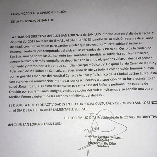 Comunicado del club puntano.