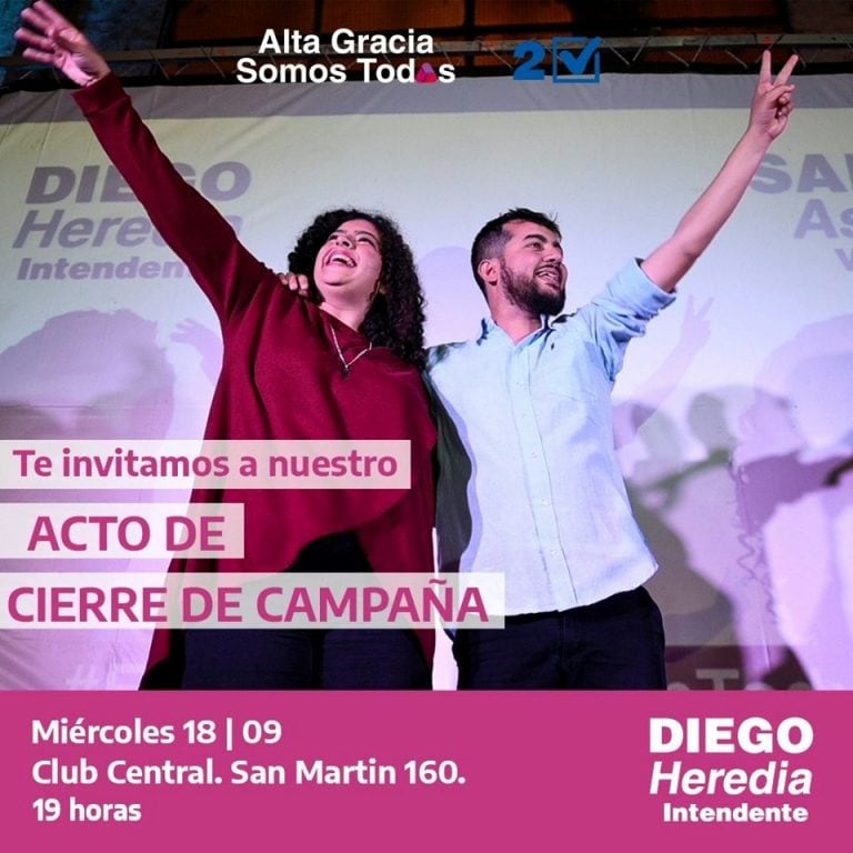 Alta Gracia: Diego Heredia y Saira Asua cerrarán su campaña con un acto en el Club Central.