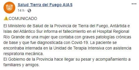 Comunicado publicado por el Ministerio de Salud de TDF.