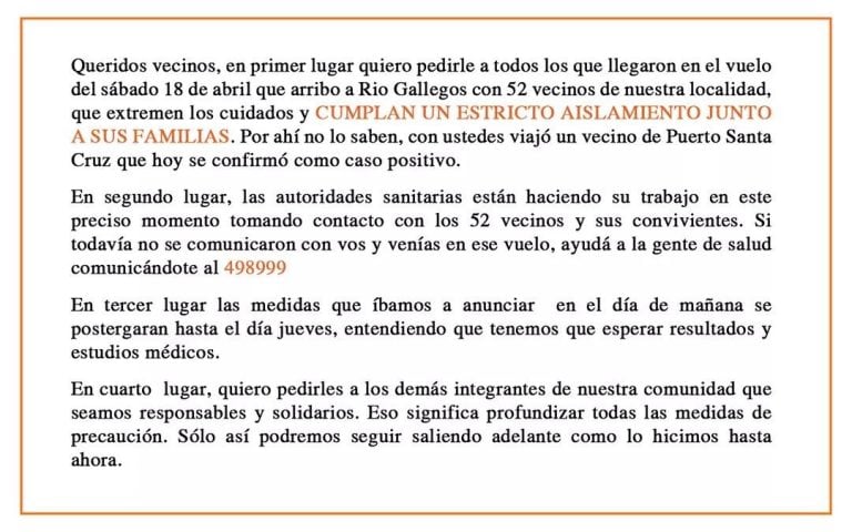 El Calafate comunicado de javier Belloni