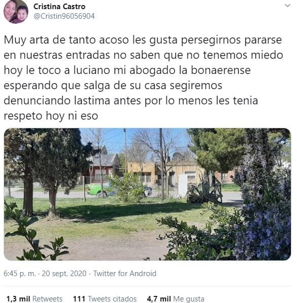 El posteo de la madre de Facundo Astudillo Castro. (Twitter/@Cristin96056904)