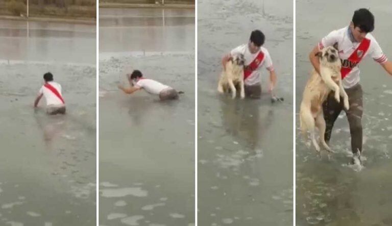 El joven no dudó en sumergirse en el agua helada