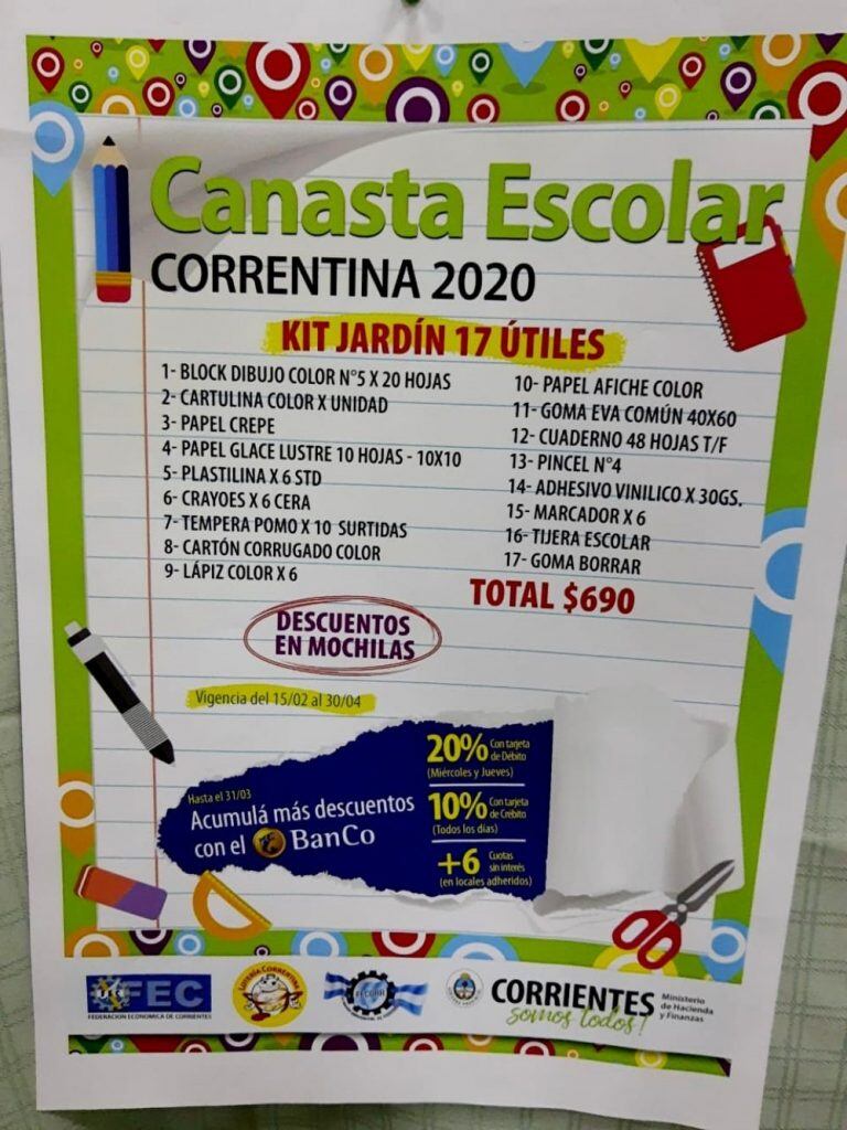 Canasta Escolar con productos diferenciados según el nivel.