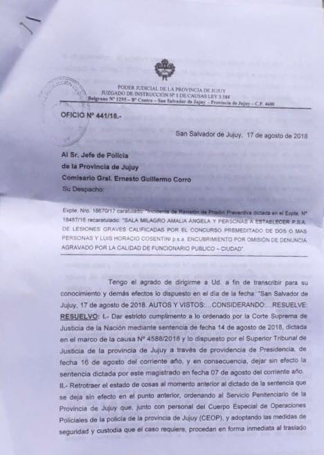 Resolución del juez Pablo Pullen Llermanos sobre el cambio de régimen de prisión de Milagro Sala