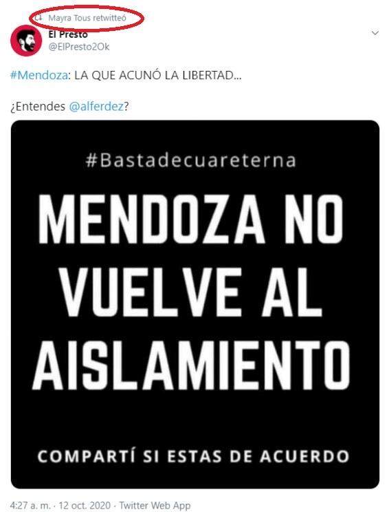 Las publicaciones de Mayra Tous en su cuenta de Twitter.