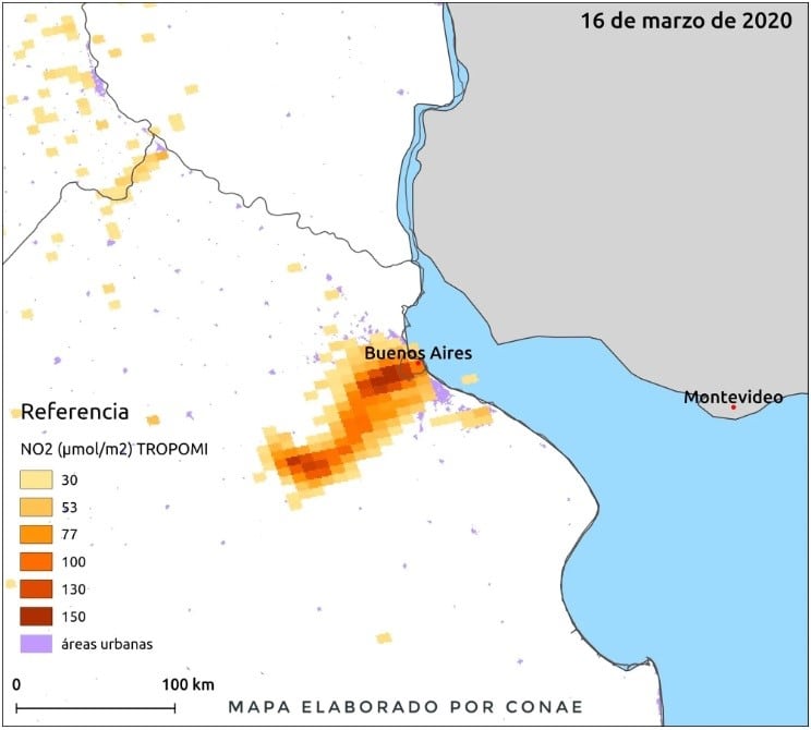 La concentración de dióxido de nitrógeno sobre Buenos Aires antes de la cuarentena (Foto: CONAE)