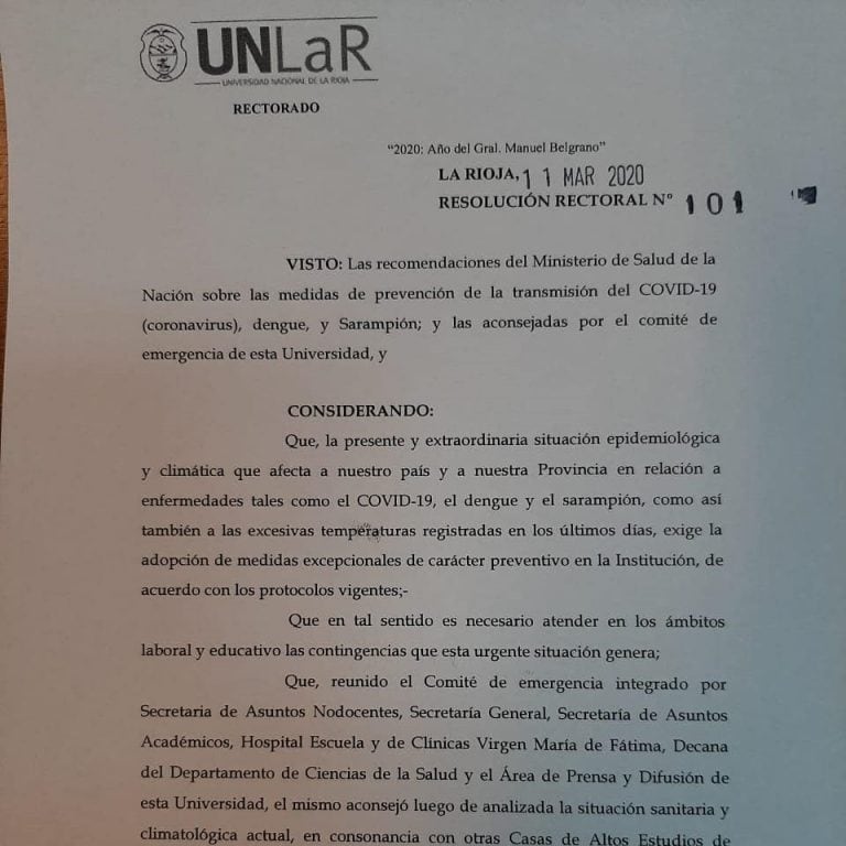 Suspensión de actividades en la UNLaR