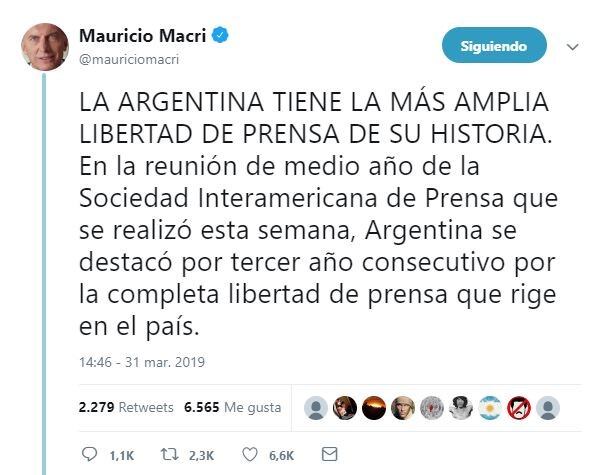 Mauricio Macri: "Argentina tiene la más amplia libertad de prensa de su historia"