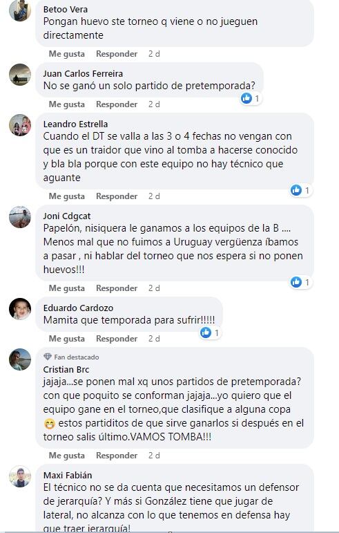 Malestar de los hinchas del Tomba en las redes sociales