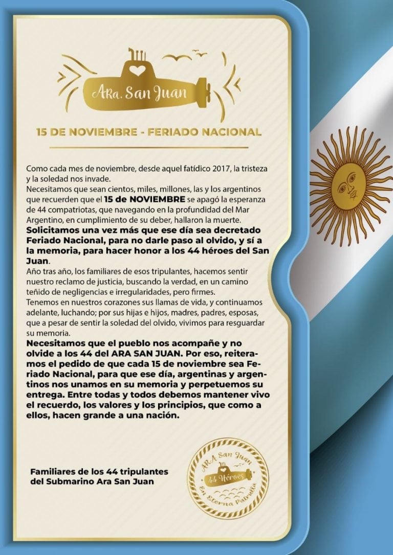 Comunicado de los familiares del Submarino A.R.A "SAN JUAN".