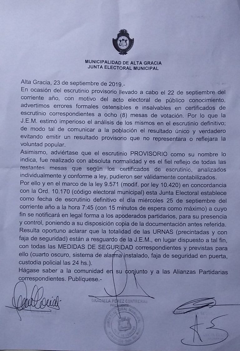 Elecciones Alta Gracia: el miércoles se conocerá el escrutinio definitivo.