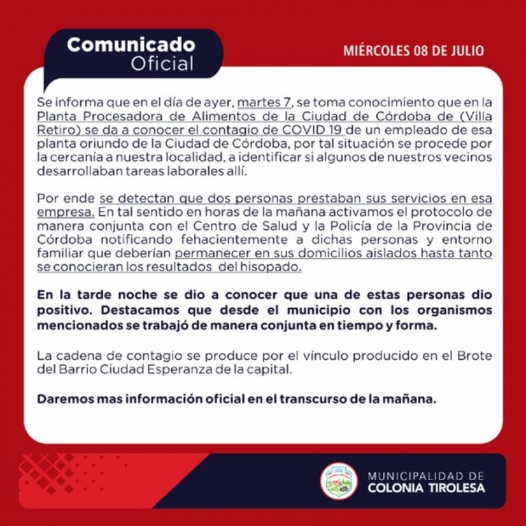 Comunicado de la Municipalidad de Colonia Tirolesa.