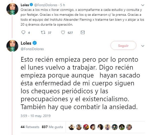 El mensaje de Dolores Fonzi (Twitter) 2