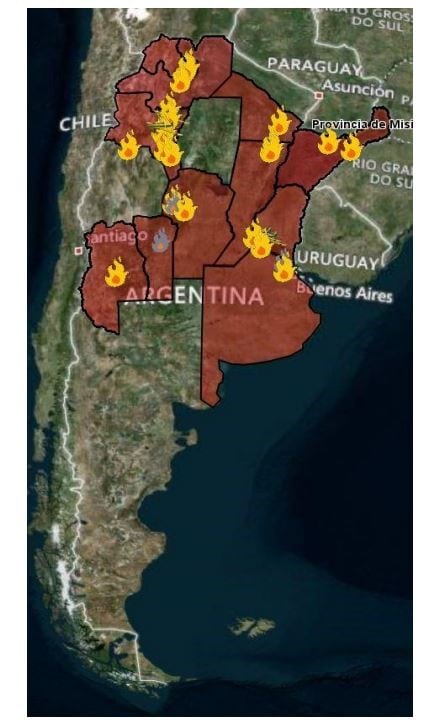 Se registran focos de incendios activos en al menos doce provincias argentinas (Foto: SNMF)