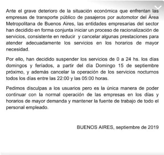 (Comunicado de la Asociación Civil del Transporte Automotor)