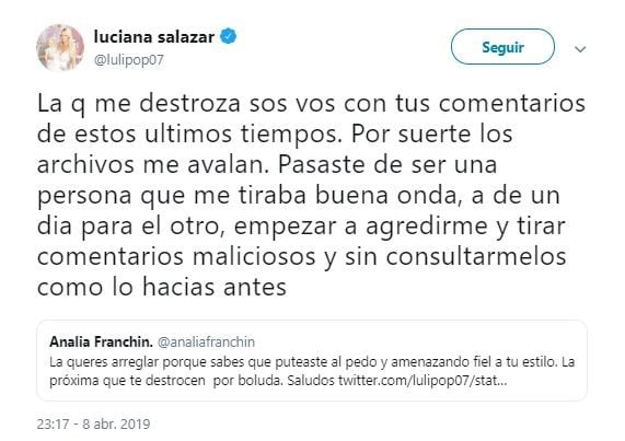 Luciana Salazar explotó contra Analía Franchín, que la criticó como madre (Foto: captura Twitter)