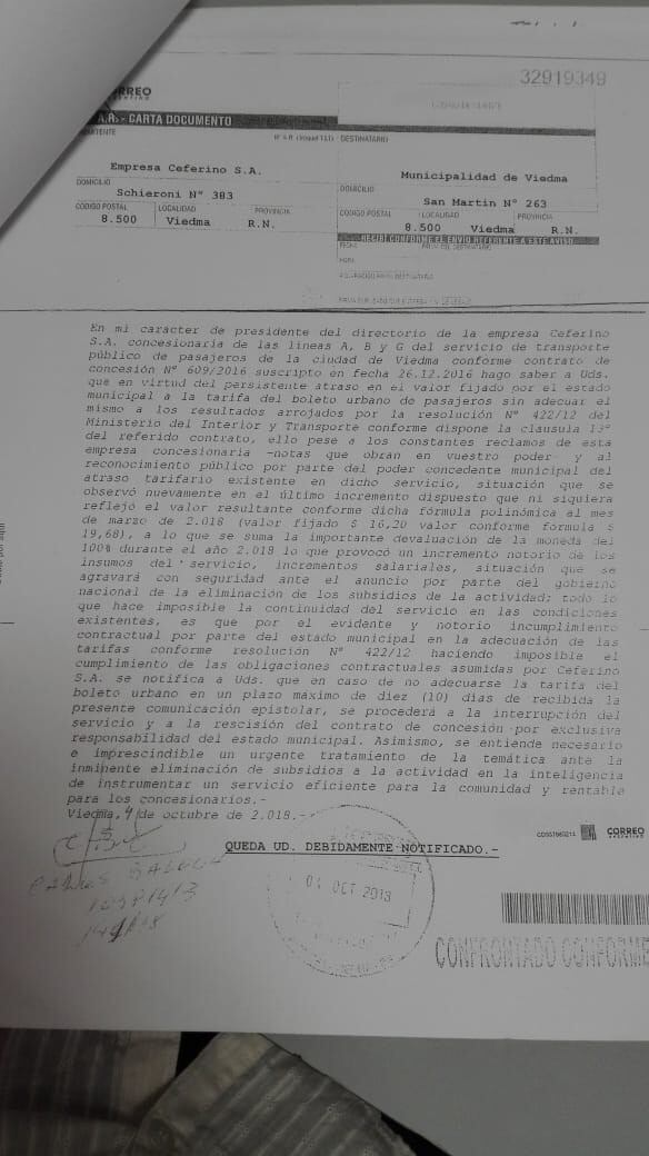 Carta documento a la Municipalidad de Viedma.