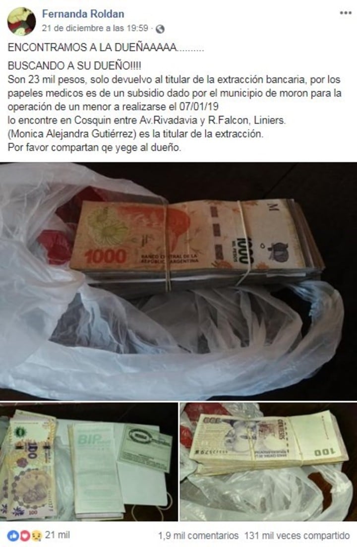 Fernanda Roldán encontró una bolsa con 23 mil pesos en Liniers y armó una campaña en Facebook para devolverlos.