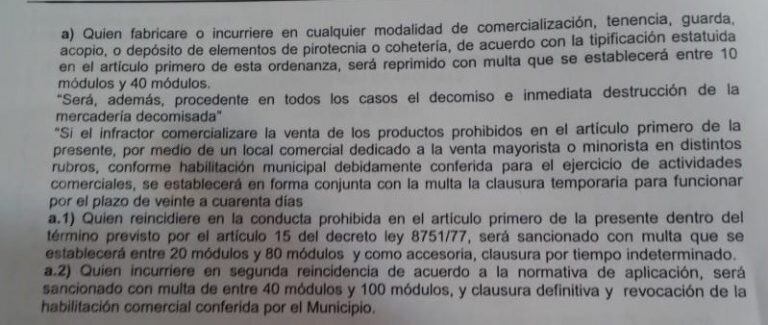 Ordenanza que especifica montos por venta de pirotecnia