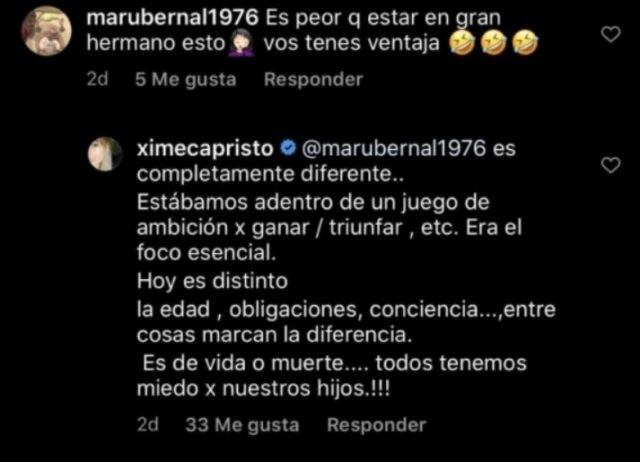 “Es peor que estar en Gran Hermano esto. Vos tenés ventaja”, redactó una usuaria de Instagram y Capristo le respondió.