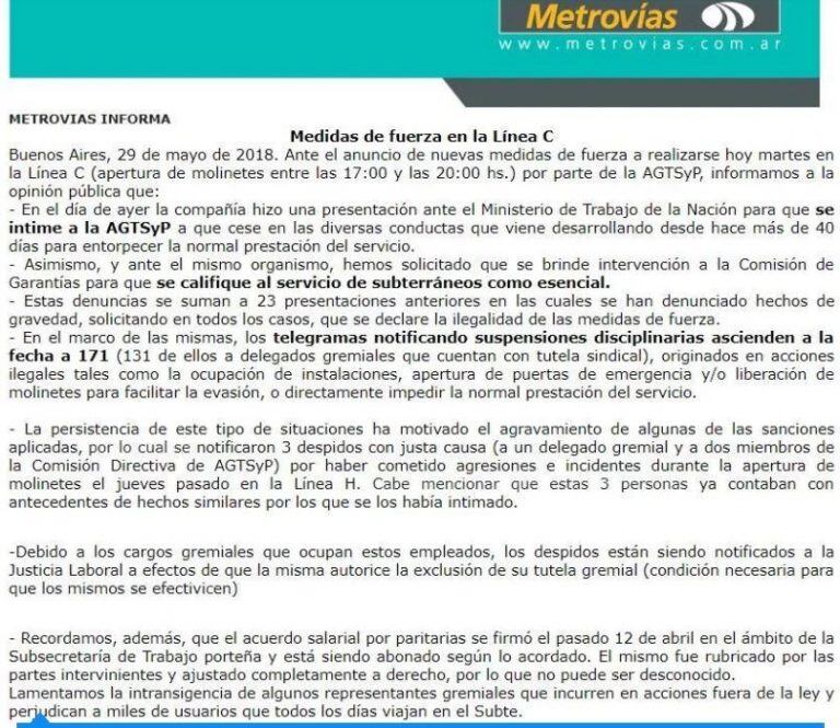 Metrovías Comunicado 28/05/18