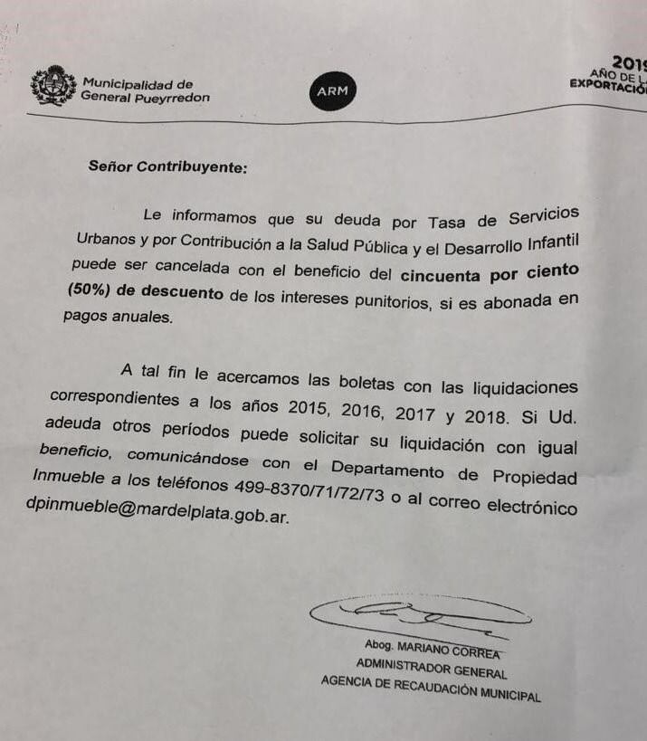 Llegan a Mar del Plata las boletas de ARM para cancelar deudas anuales