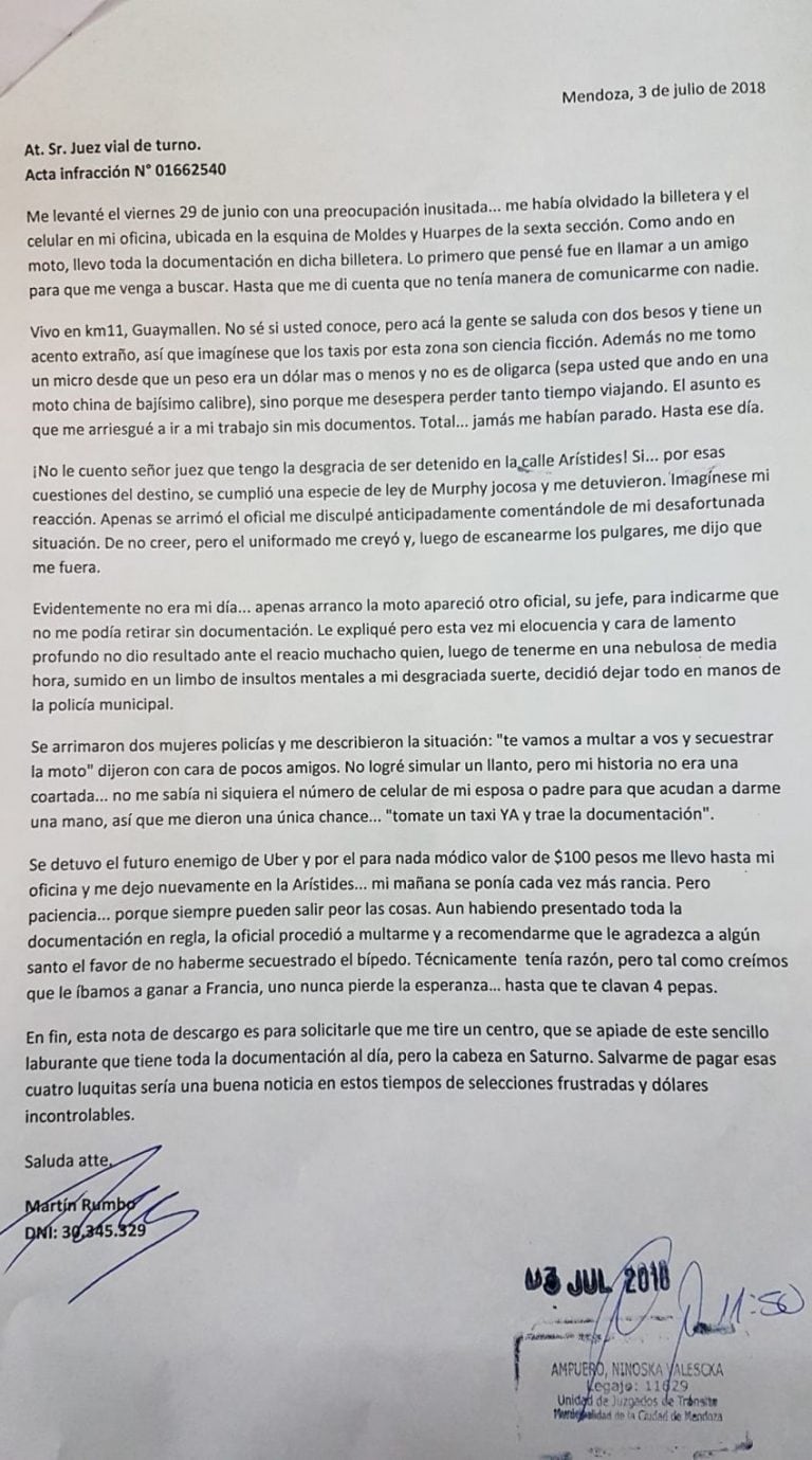 "Técnicamente tenía razón (en hacerle la multa). pero tal como creíamos que le íbamos a ganar a Francia, uno nunca pierde la esperanza", expresó en parte de su descargo.