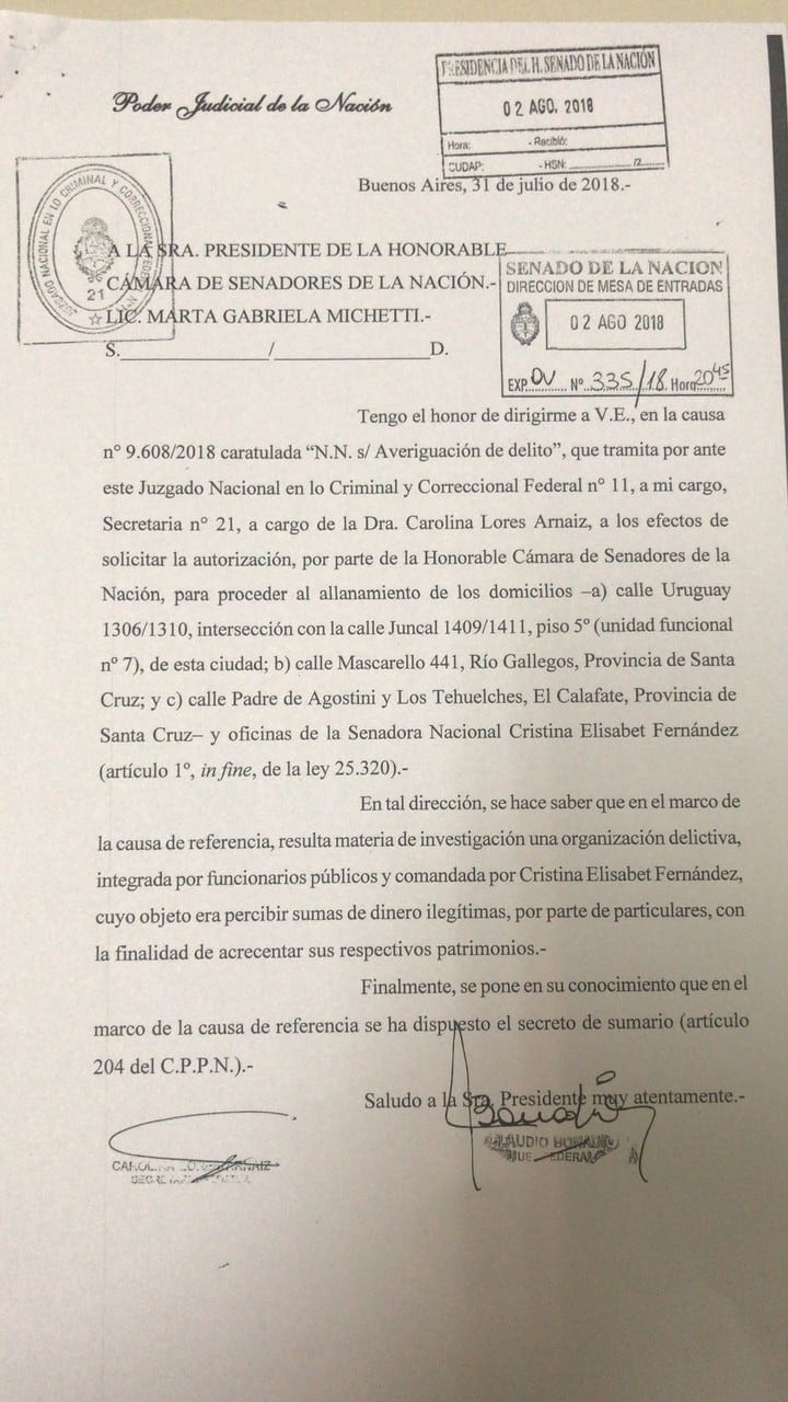 El pedido de Bonadio ingresó a la mesa de entradas del Senado. (Web)