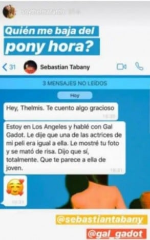 La conversación entre Thelma Fardin y Sebastián Tabany, donde el director le confirmó que Gal Gadot reconoce el parecido entre ambas.