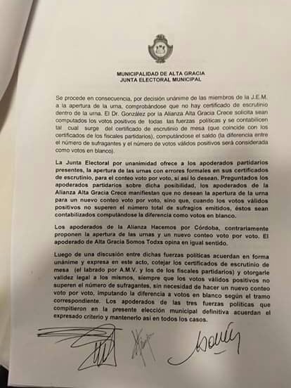 Alta Gracia: Acta Oficial del escrutinio definitivo.