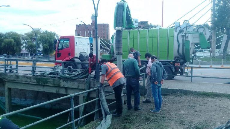 Miércoles de extracción de algas en el puente central de Carlos Paz. (Foto: Municipal).