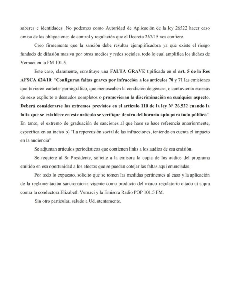 Giubergia pide que se tome "las medidas pertinentes al caso y la aplicación de la reglamentación sancionatoria vigente".