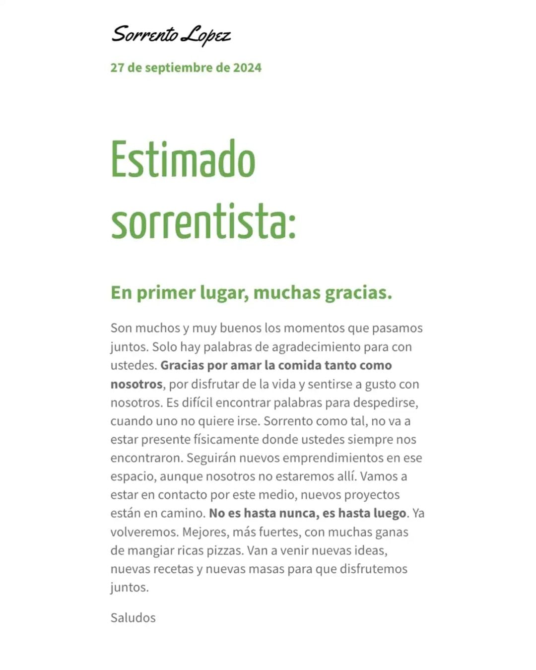 El comunicado de Sorrento anunciado el cierre de su local en Nueva Córdoba.