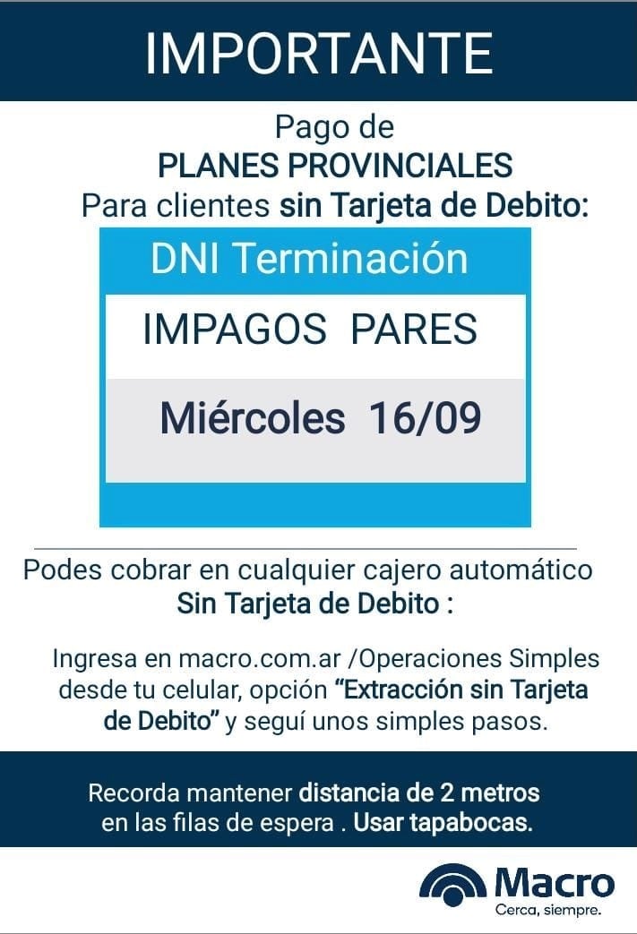 Pago de planes provinciales para este miércoles.