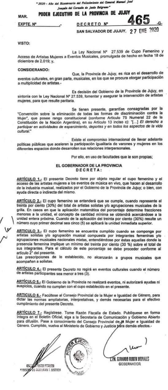 El decreto emanado por el Poder Ejecutivo, que garantiza un cupo femenino del 30% para eventos musicales organizados por el Estado provincial.