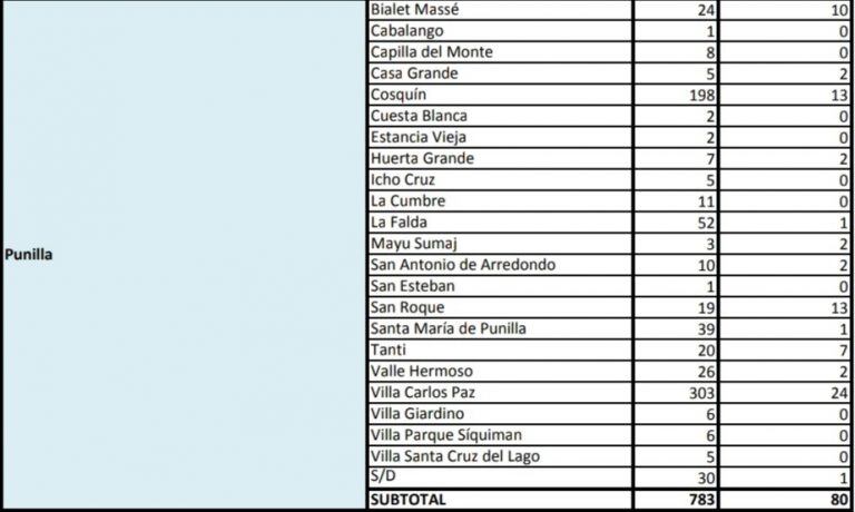 Los casos de Covid-19 en el departamento Punilla, cifras registradas desde el inicio de la pandemia. (Foto: captura / informe Gobierno de Córdoba).