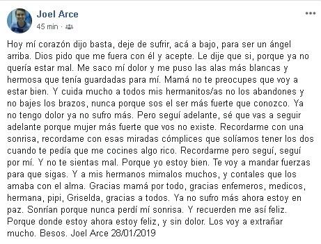 El texto estuvo online durante las horas posteriores al fallecimiento del niño. (Facebook)