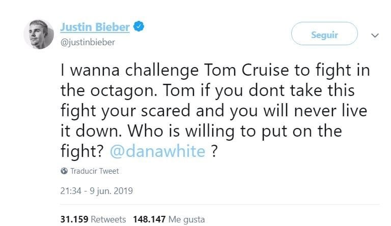 Justin Bieber retó a Tom Cruise a un combate en la UFC (Twitter)