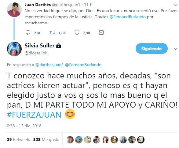 Silvia Süller bancó a Juan Darthés en Twitter.