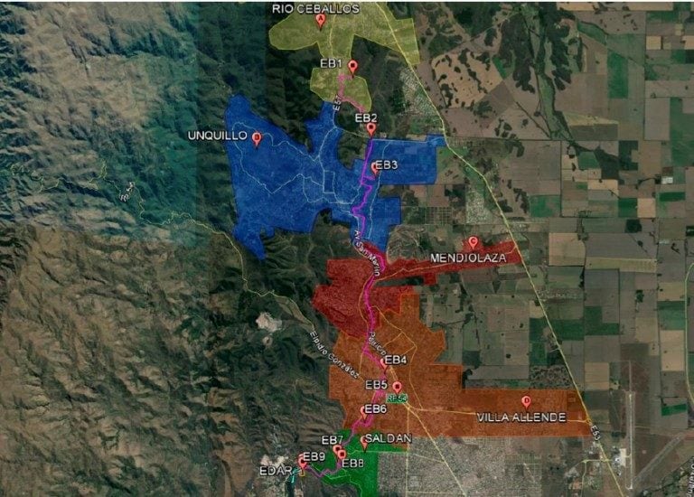 Plano del proyecto “Sistema de Saneamiento de Sierras Chicas– Río Ceballos, Unquillo, Mendiolaza, Villa Allende y Saldán”.