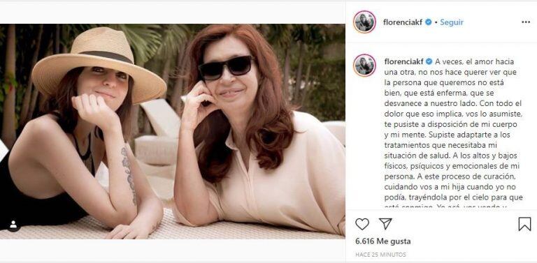 El mensaje de Florencia Kirchner a Cristina. (Instagram)