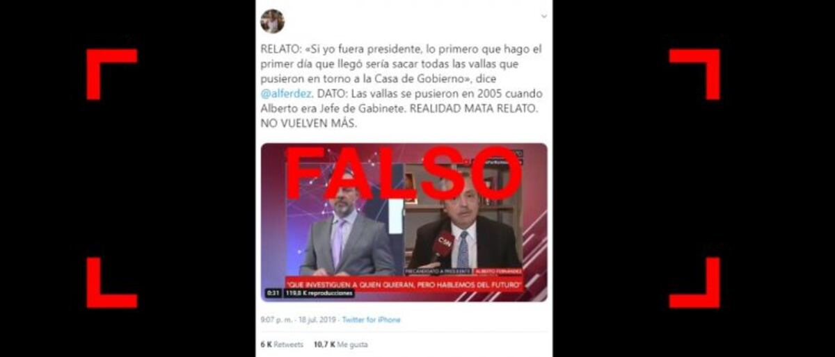 No, las vallas en torno a la Casa Rosada no se pusieron cuando Alberto Fernández era jefe de gabinete